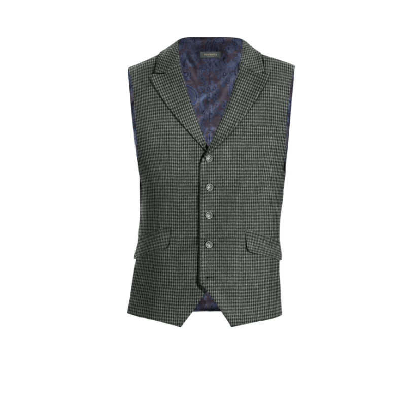 Dark Grey Houndstooth Tweed peak lapel Vest with brass buttons