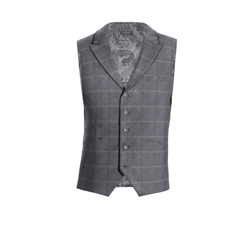 Blue Checkered Tweed peak lapel Suit Vest with brass buttons