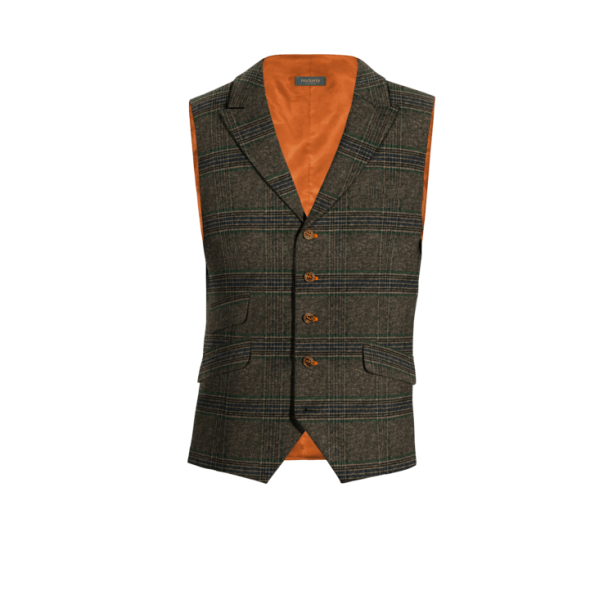 Brown Checkered Tweed peak lapel Dress Vest