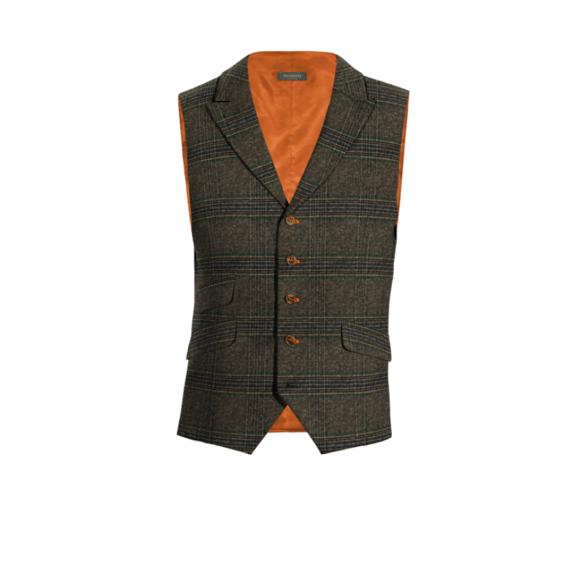 Brown Checkered Tweed peak lapel Dress Vest