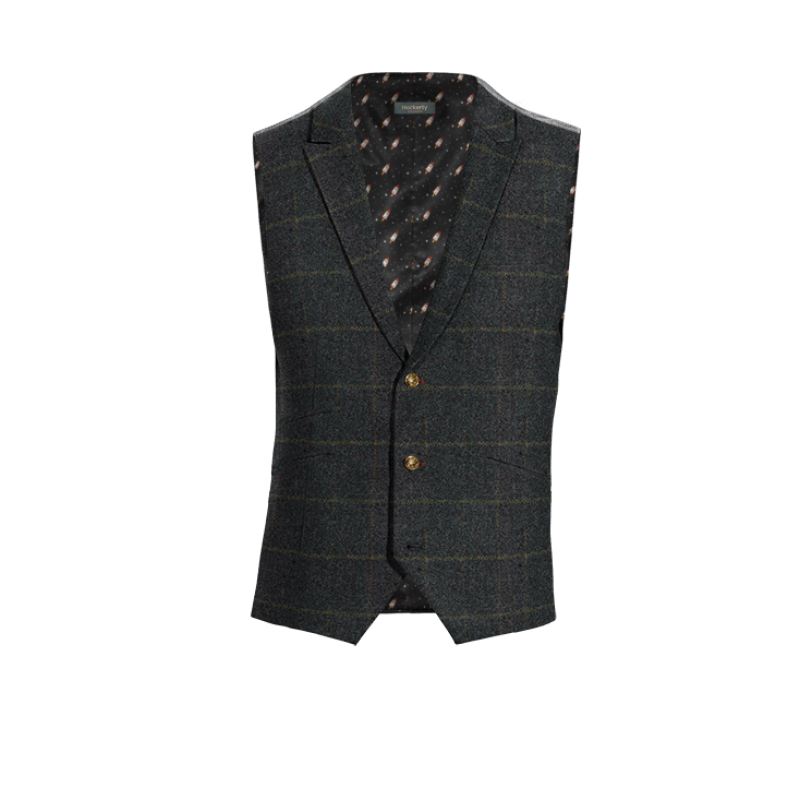 Blue Checked Tweed peak lapel Vest with brass buttons
