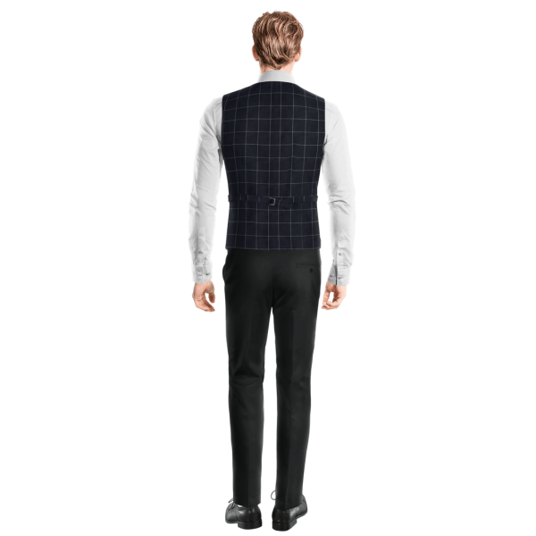 Navy Blue Checked Linen-cotton Vest