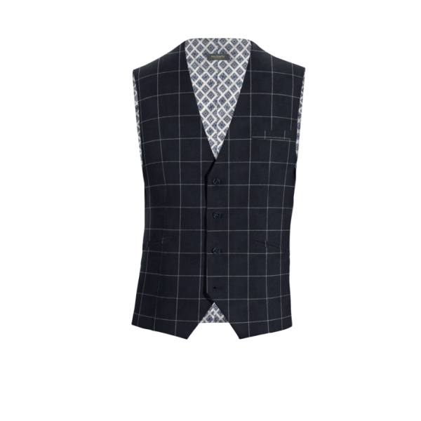 Navy Blue Checked Linen-cotton Vest