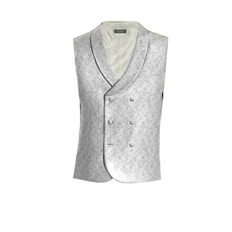 Silver floral Polyester wedding shawl lapel double breasted Vest with brass buttons