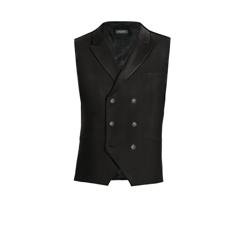 Black Wool Blends peak lapel double breasted Vest with brass buttons