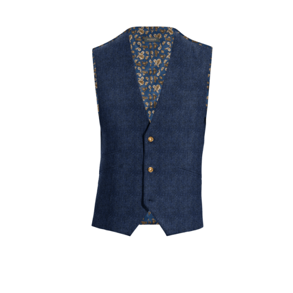 Royal Blue herringbone Tweed Dress Vest with brass buttons