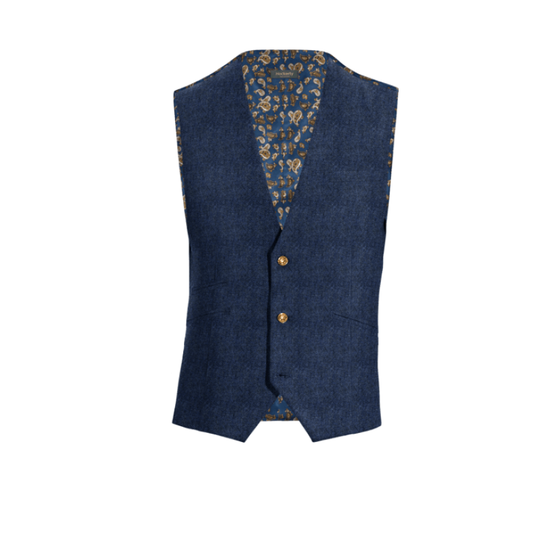 Royal Blue herringbone Tweed Dress Vest with brass buttons