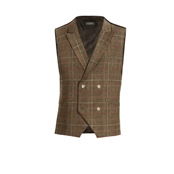 Brown Checkered Tweed peak lapel double-breasted Suit Vest