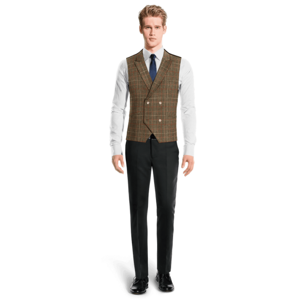 Brown Checkered Tweed peak lapel double-breasted Suit Vest