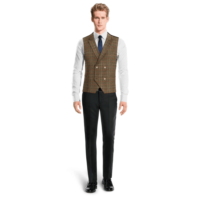 Brown Checkered Tweed peak lapel double-breasted Suit Vest