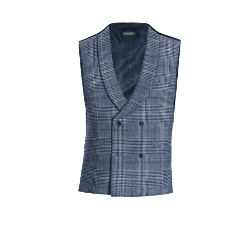 Blue Checked Tweed round lapel double breasted Vest