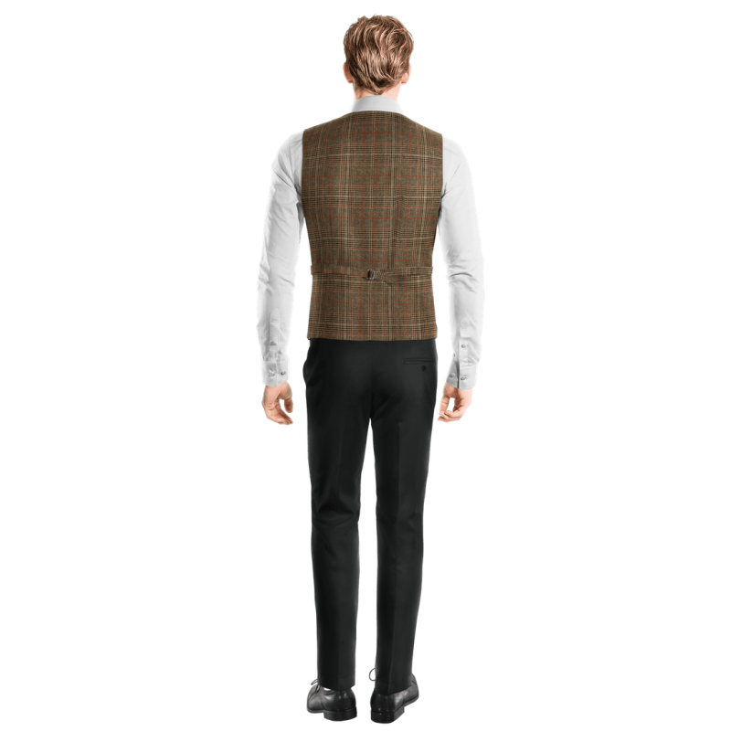Brown Checkered Tweed peak lapel Dress Vest with brass buttons