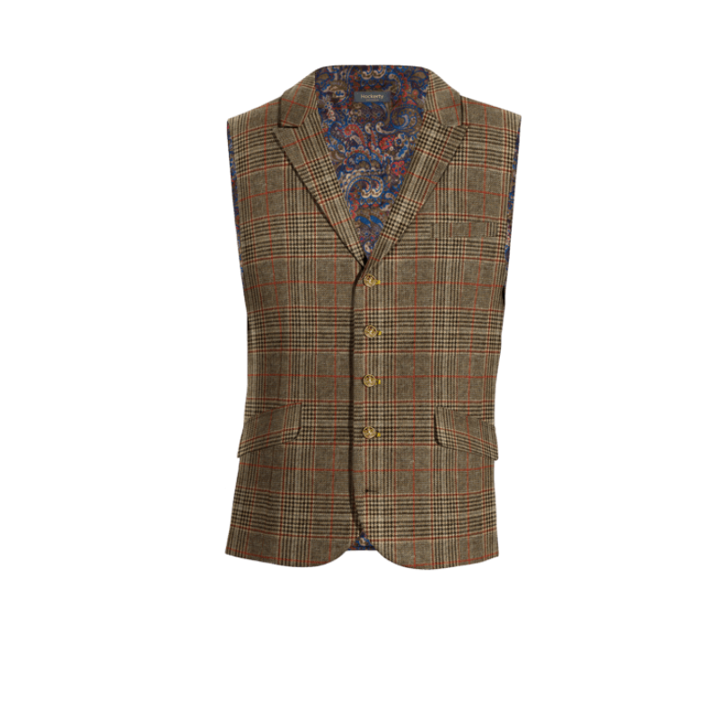 Brown Checkered Tweed peak lapel Dress Vest with brass buttons