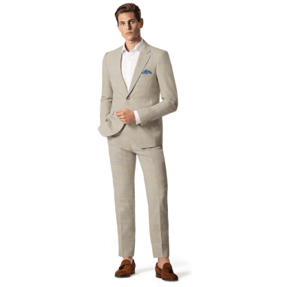 Beige Checked Cotton-Linen Suit