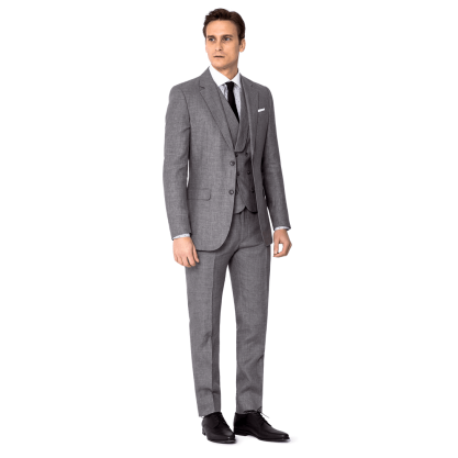 Grey rustic linen wide lapel Suit with pocket square