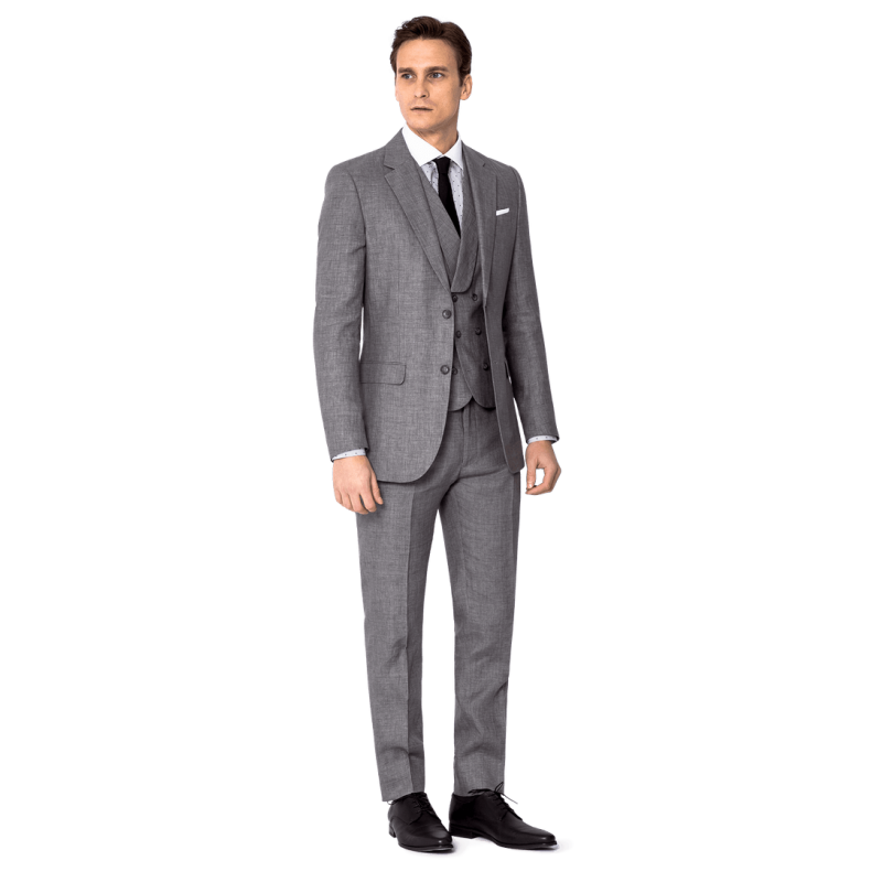 Grey rustic linen wide lapel Suit with pocket square