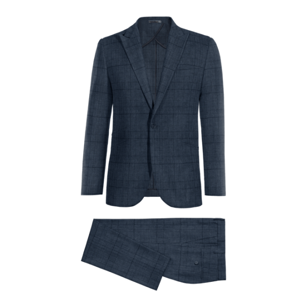 Blue Glen Check linen peak lapel one button unlined Suit