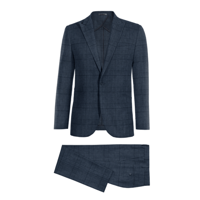 Blue Glen Check linen peak lapel one button unlined Suit