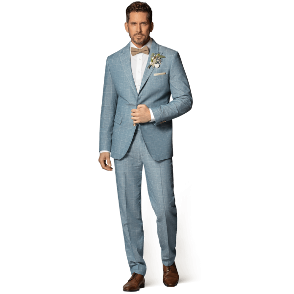 Blue Plaid Cotton-Linen peak lapel Slim Fit Suit