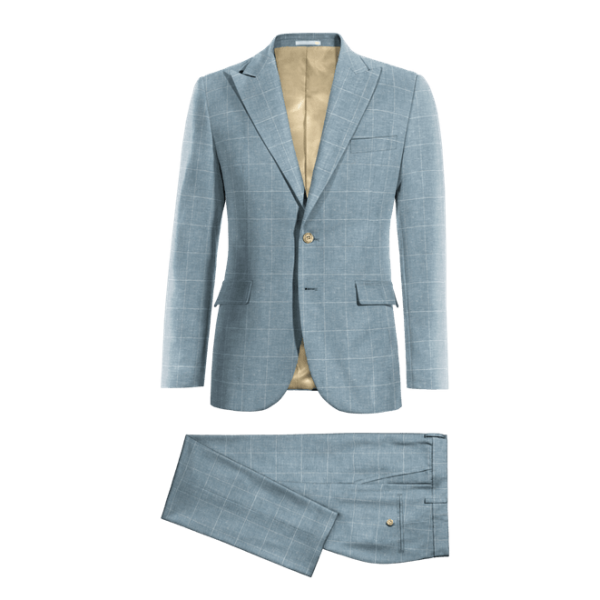 Blue Plaid Cotton-Linen peak lapel Slim Fit Suit