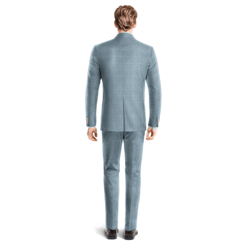 Blue Plaid Cotton-Linen peak lapel Slim Fit Suit