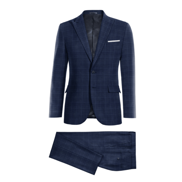 Blue Plaid Wool Blends peak lapel Suit with a pocket square