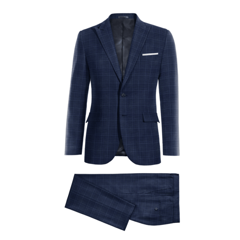 Blue Plaid Wool Blends peak lapel Suit with a pocket square