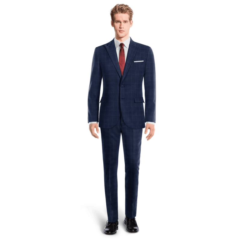 Blue Plaid Wool Blends peak lapel Suit with a pocket square