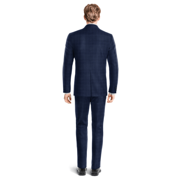 Blue Plaid Wool Blends peak lapel Suit with a pocket square
