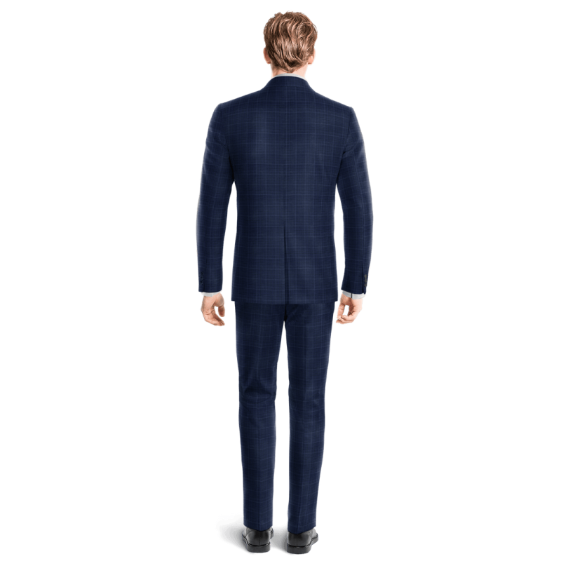 Blue Plaid Wool Blends peak lapel Suit with a pocket square