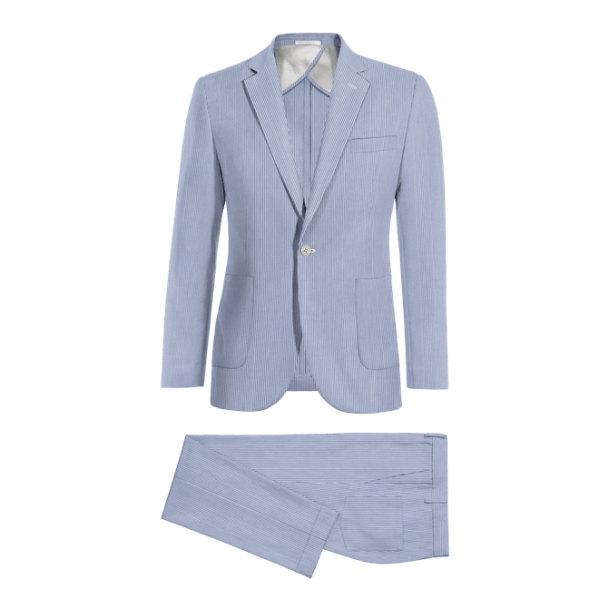Blue Pinstripe seersucker 1 button Suit with customized threads