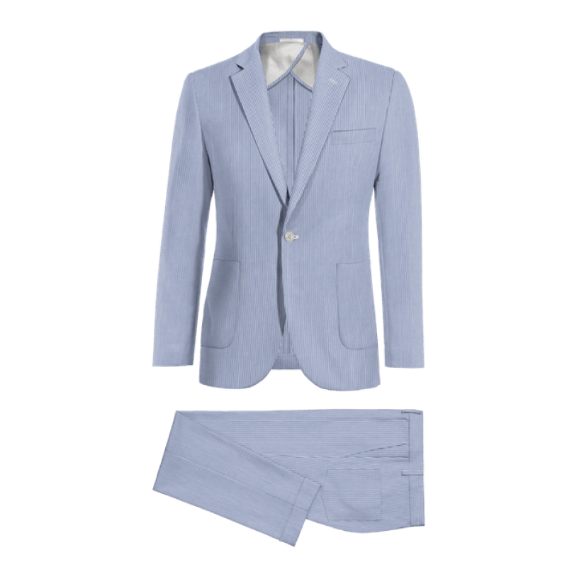 Blue Pinstripe seersucker 1 button Suit with customized threads